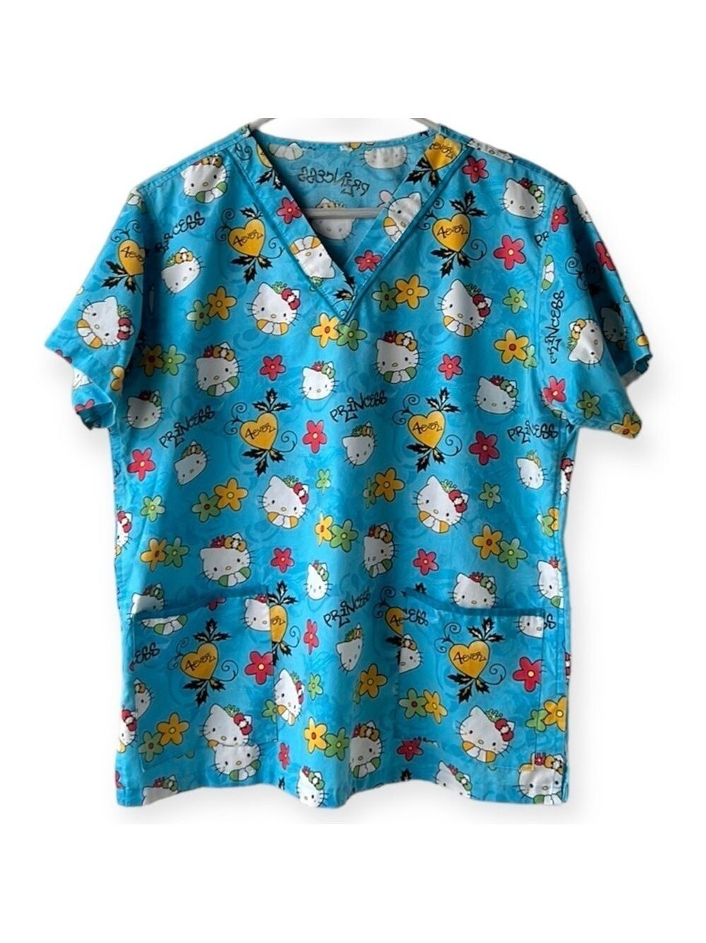 HELLO KITTY Light Blue V Neck Short Sleeve Scrub Top Size Medium